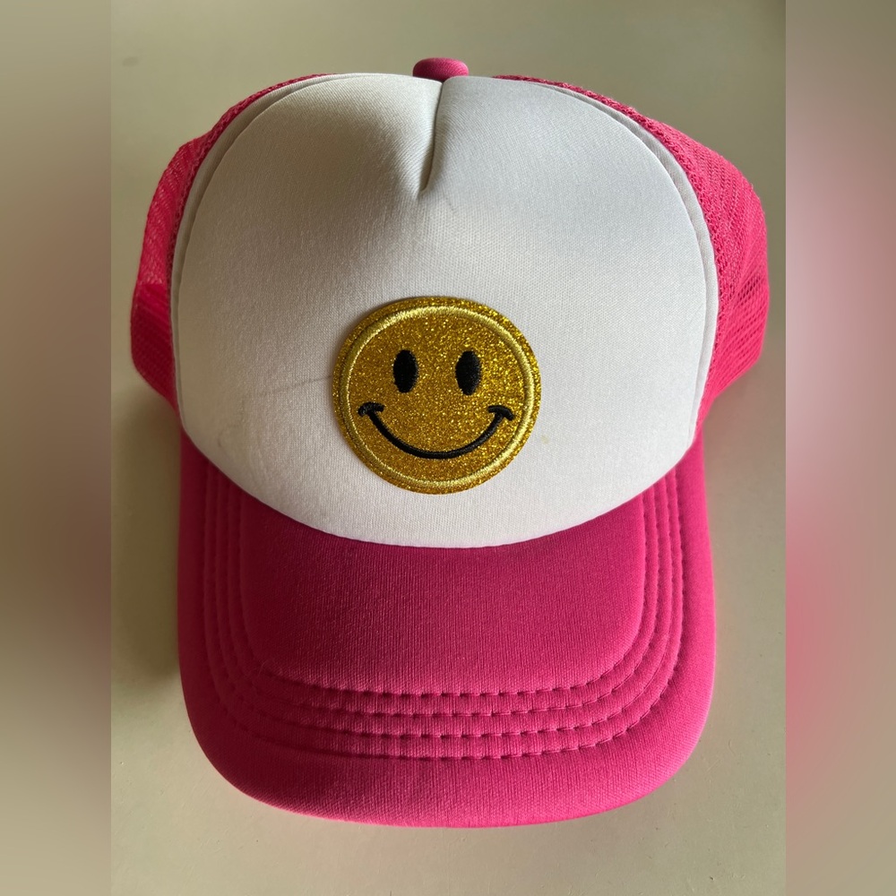 Pink and White Cap with Gold Smiley Face